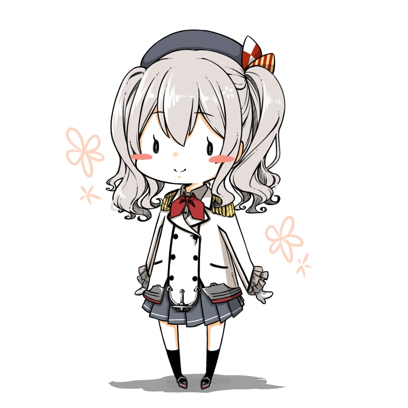 1girl blush_stickers chibi chimaki. epaulettes frilled_sleeves frills full_body gloves grey_skirt kantai_collection kashima_(kantai_collection) kerchief long_sleeves military military_jacket military_uniform neckerchief pleated_skirt red_neckwear shadow sidelocks silver_hair skirt smile solo standing tsurime twintails uniform wavy_hair white_background white_gloves