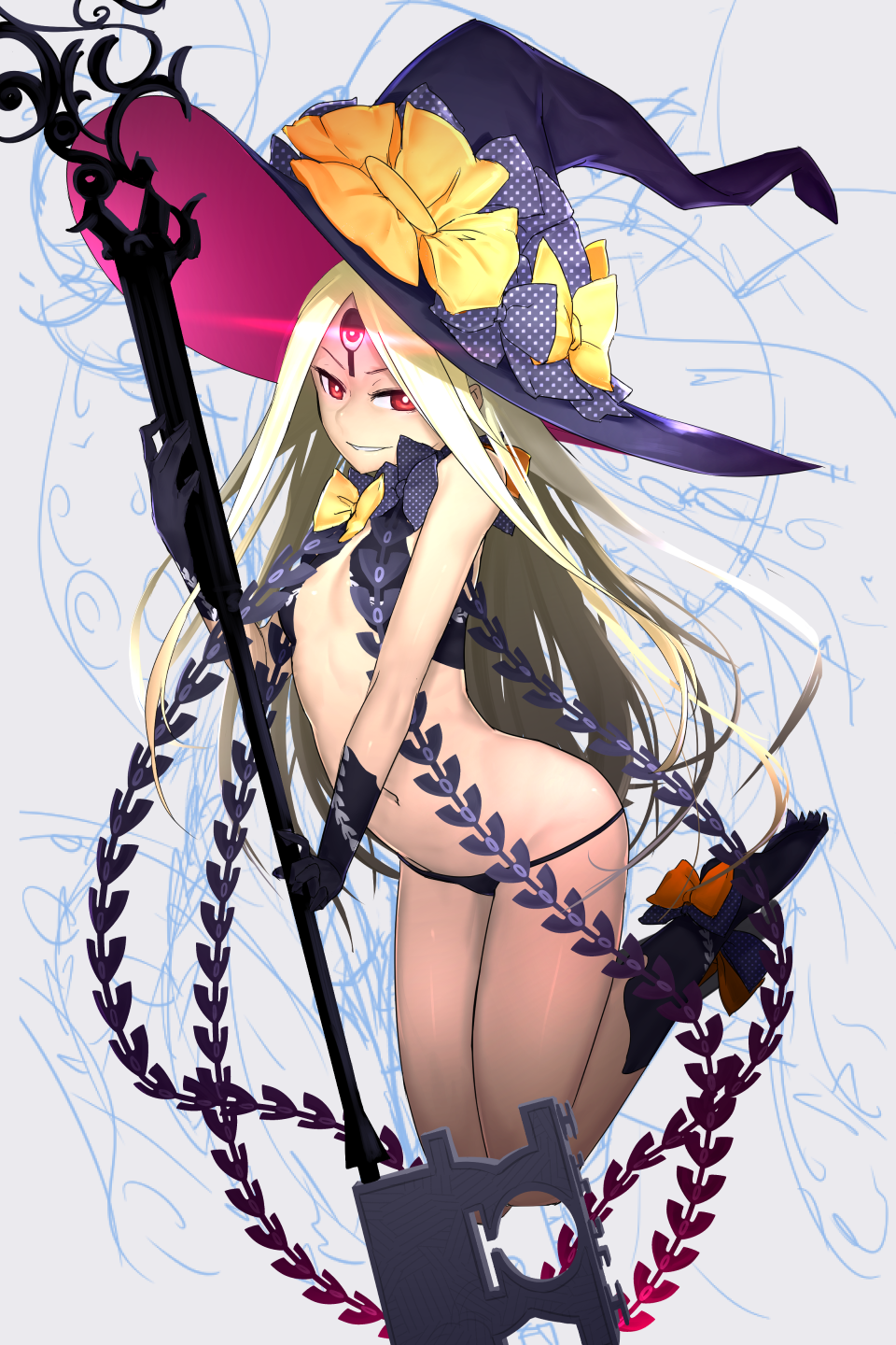 1girl abigail_williams_(fate/grand_order) bangs black_bow black_gloves black_hat black_legwear black_panties blonde_hair bow commentary_request fate/grand_order fate_(series) gloves glowing grin hat hat_bow highres holding holding_staff i-pan kneehighs long_hair looking_at_viewer navel orange_bow panties parted_bangs parted_lips polka_dot polka_dot_bow red_eyes revealing_clothes smile solo staff underwear v-shaped_eyebrows very_long_hair witch_hat