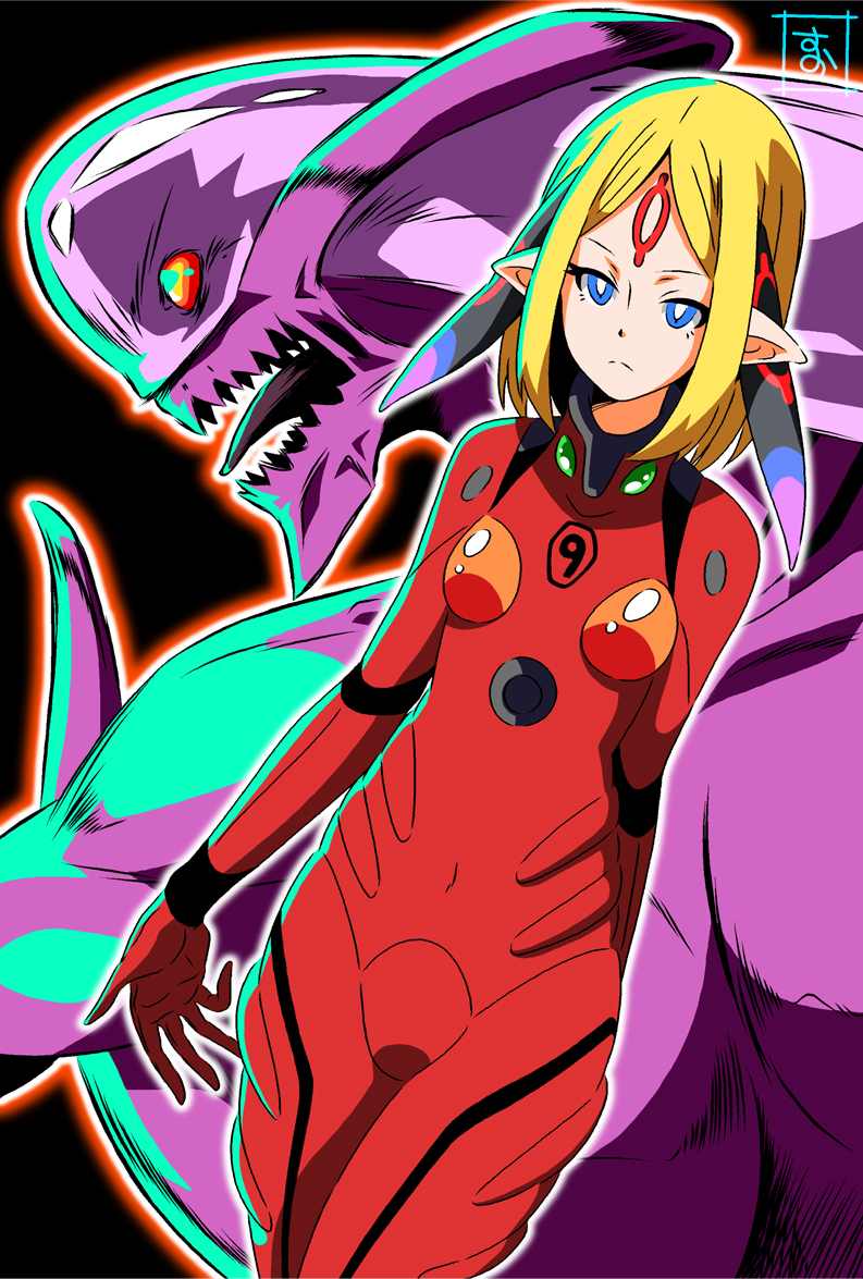 1girl bangs blonde_hair blue_eyes bodysuit bright_pupils closed_mouth cowboy_shot facial_mark forehead_mark fusion kumika kumika_no_mikaku light_frown looking_at_viewer monster neon_genesis_evangelion outline parted_bangs pilot_suit plugsuit pointy_ears red_bodysuit s-now short_hair signature souryuu_asuka_langley standing white_outline
