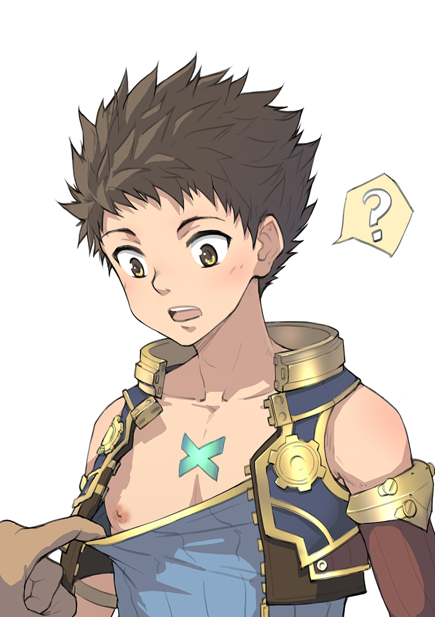 1boy ? brown_hair highres male_focus nipples rex_(xenoblade_2) shirt_pull shota simple_background solo_focus spoken_question_mark upper_body white_background xenoblade xenoblade_2 yellow_eyes