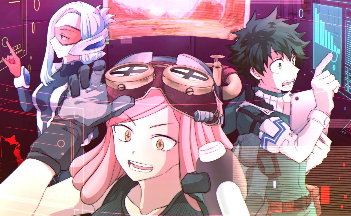 +_+ 1boy 2girls boku_no_hero_academia folded_ponytail gloves green_hair hatsume_mei headgear holographic_interface holographic_touchscreen midoriya_izuku miyachi_(yayun) multiple_girls pink_hair sekigai_kashiko silver_hair visor