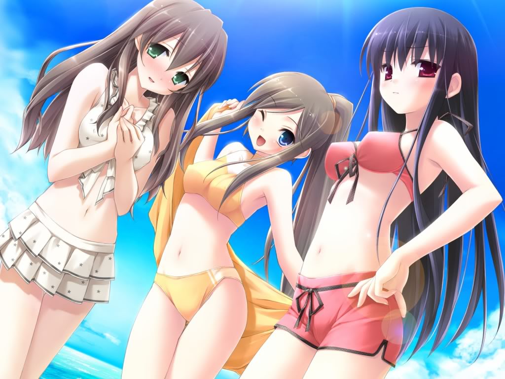 &gt;:( 3girls armpits beach bikini black_hair blue_eyes blue_sky blush bra breasts brown_hair closed_mouth clouds dress ears embarrassed frown green_eyes hands_clasped hands_on_hips legs light_smile looking_at_viewer male_swimwear multiple_girls navel own_hands_together red_bikini red_bra red_eyes shorts sideboob skirt sky smile stomach swim_briefs swim_trunks swimsuit swimwear thighs underwear white_bikini white_dress white_skirt yellow_bikini yellow_towel