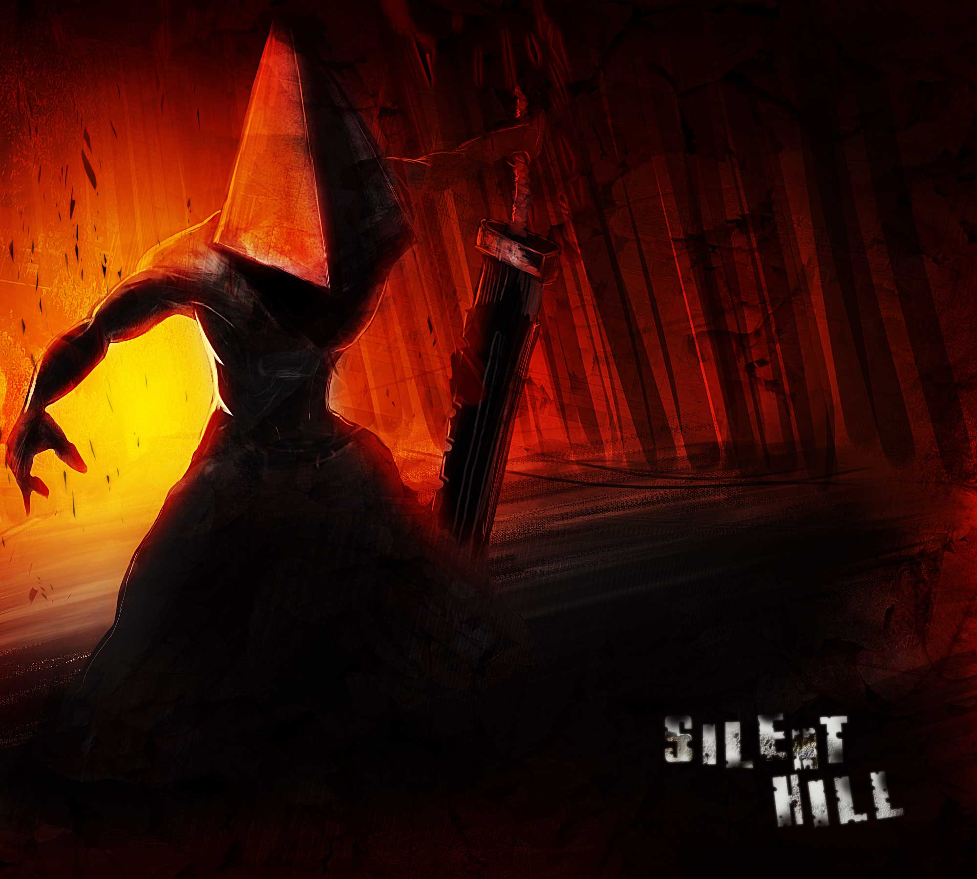 1boy apron blood commentary_request gloves great_knife hat helmet highres knife male_focus mask monster muscle pyramid_head silent_hill silent_hill_2 solo sword weapon