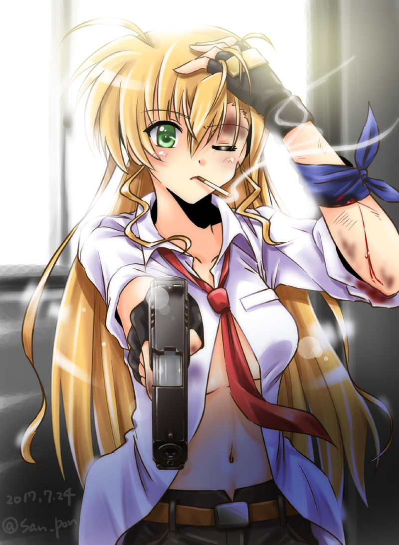 1girl alternate_hairstyle bandage black_gloves black_pants blonde_hair blood brown_belt cigarette dasuto dated dress_shirt eyebrows_visible_through_hair gloves green_eyes gun hair_down hand_on_own_head handgun holding lens_flare long_hair loose_necktie lyrical_nanoha mouth_hold navel necktie older one_eye_closed open_clothes open_shirt pants red_neckwear shirt sleeves_rolled_up smoke smoking solo twitter_username vivio weapon white_shirt