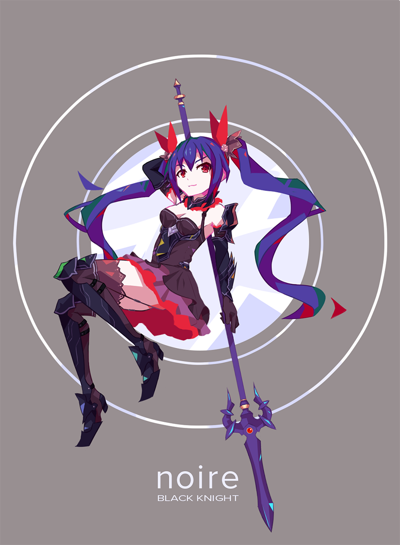 1girl bare_shoulders black_dress black_gloves black_hair breasts chaoschao cleavage dress elbow_gloves four_goddesses_online:_cyber_dimension_neptune gloves hair_ribbon holding holding_spear holding_weapon long_hair looking_at_viewer neptune_(series) noire polearm red_eyes red_ribbon ribbon smile solo spear twintails weapon