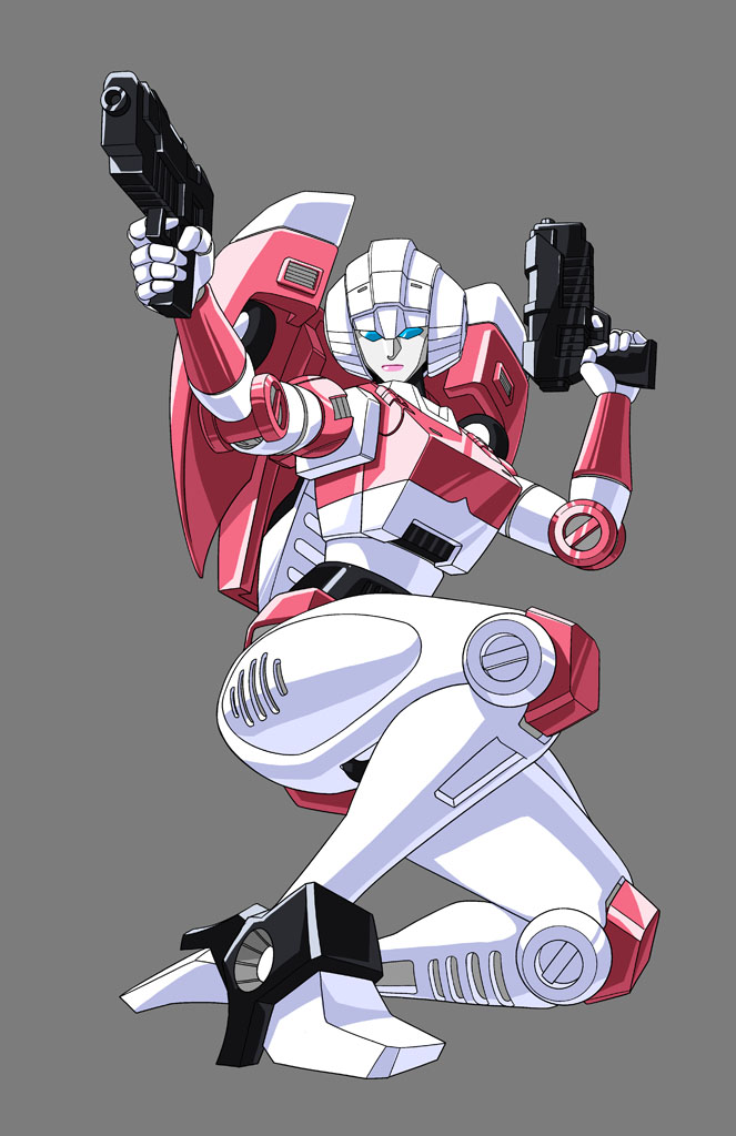 1girl arcee blue_eyes breasts dual_wielding grey_background gun handgun helmet high_heels holding humanoid_robot mecha medium_breasts non-web_source pink_lips robot simple_background solo source_request thick_thighs thighs transformers weapon