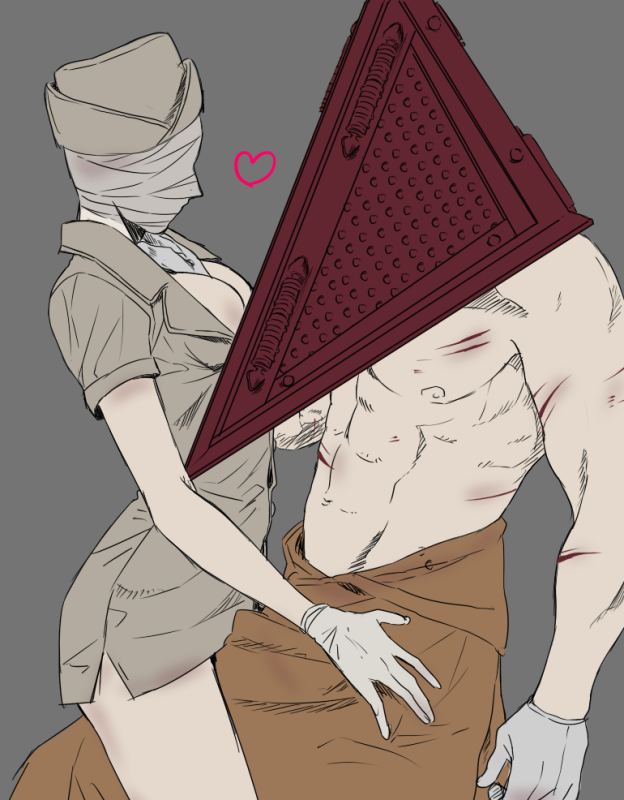 1boy 1girl apron blood breasts commentary_request gloves hat helmet male_focus mask monster muscle pyramid_head shitara_(kaimetsu_joutai) silent_hill silent_hill_(movie)