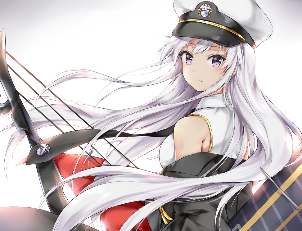 1girl azur_lane bangs bare_shoulders black_neckwear bow_(weapon) collared_shirt compound_bow enterprise_(azur_lane) eyebrows_visible_through_hair flight_deck floating_hair hat ikasoke_(likerm6au) jacket long_hair looking_at_viewer looking_back necktie off_shoulder parted_lips peaked_cap shirt silver_hair simple_background sleeveless sleeveless_shirt solo upper_body violet_eyes weapon