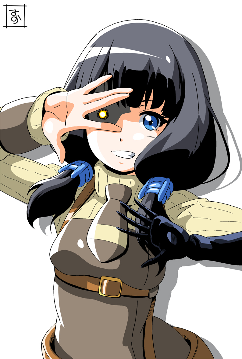1girl asebi_(asebi_to_sora_sekai_no_boukensha) asebi_to_sora_sekai_no_boukensha bangs belt black_hair blue_eyes drop_shadow grin hand_over_eye hand_up long_hair long_sleeves looking_at_viewer low_twintails mechanical_arm necktie s-now signature simple_background smile solo twintails upper_body white_background