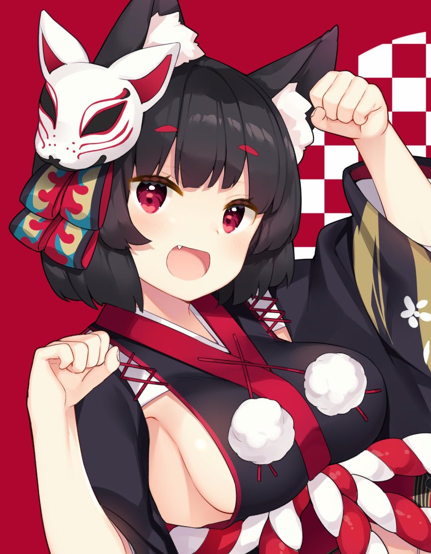 1girl :d animal_ears azur_lane bangs bekotarou black_hair black_kimono blush bob_cut breasts cat_ears checkered checkered_background eyebrows eyebrows_visible_through_hair eyelashes facing_away fang fingernails floral_print fox_mask hair_ribbon head_tilt japanese_clothes jpeg_artifacts kimono long_sleeves looking_at_viewer mask mask_on_head medium_breasts no_bra obi open_mouth palms paw_pose pink_eyes pom_pom_(clothes) raised_eyebrows red_background ribbon rope sash shimenawa short_hair sideboob smile solo thick_eyebrows tongue tsurime upper_body wide_sleeves yamashiro_(azur_lane)