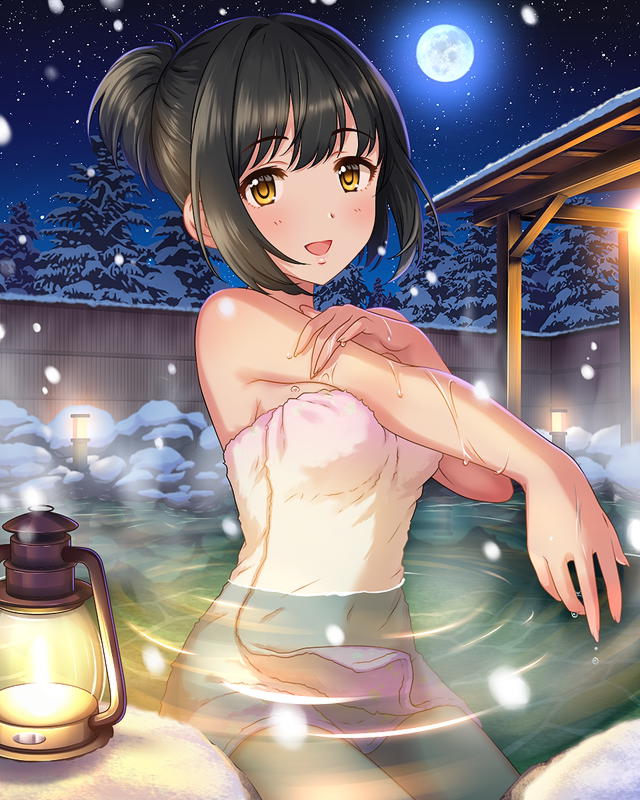 1girl artist_request black_hair blush breasts fir_tree full_moon idolmaster idolmaster_cinderella_girls looking_at_viewer medium_breasts moon naked_towel official_art onsen open_mouth pink_towel ponytail short_hair smile snowing solo takafuji_kako towel tree yellow_eyes