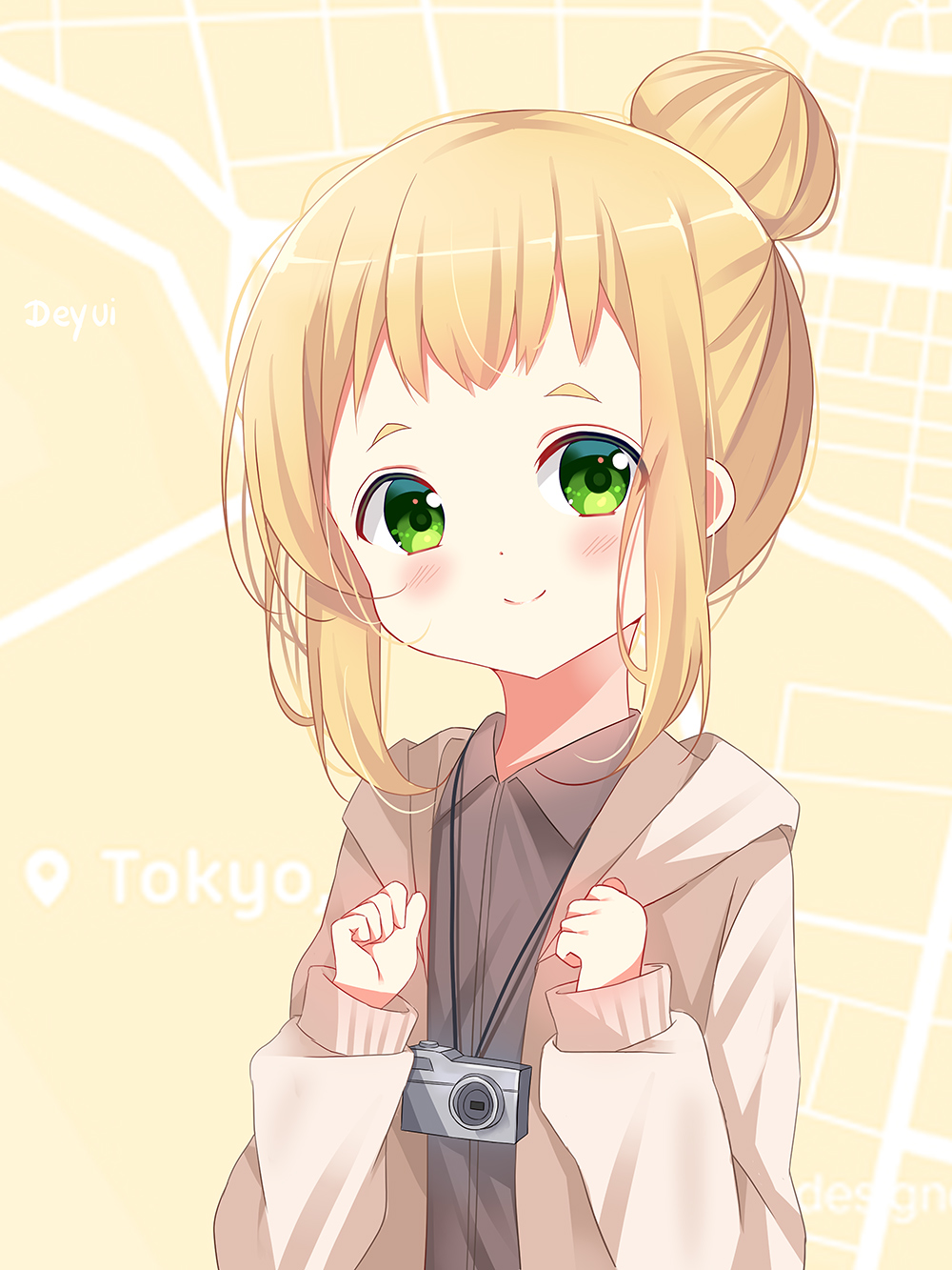 1girl bangs black_shirt blonde_hair blush brown_jacket camera closed_mouth collared_shirt commentary_request deyui dress_shirt green_eyes hair_bun hands_up highres hood hood_down hooded_jacket inose_mai jacket koisuru_asteroid long_sleeves looking_at_viewer map shirt short_eyebrows sidelocks sleeves_past_wrists smile solo thick_eyebrows upper_body