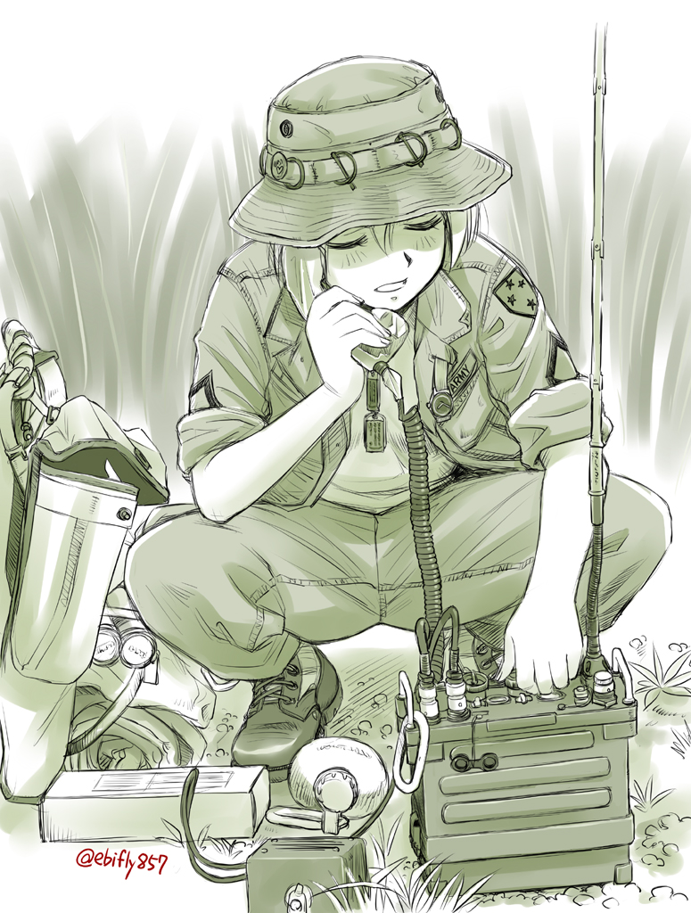 1girl backpack backpack_removed badge bag boots camera closed_eyes ebifly facing_viewer grass hair_between_eyes hat holding holding_phone jacket long_sleeves military original outdoors pants parted_lips phone radio_antenna short_hair soldier solo spread_legs squatting twitter_username