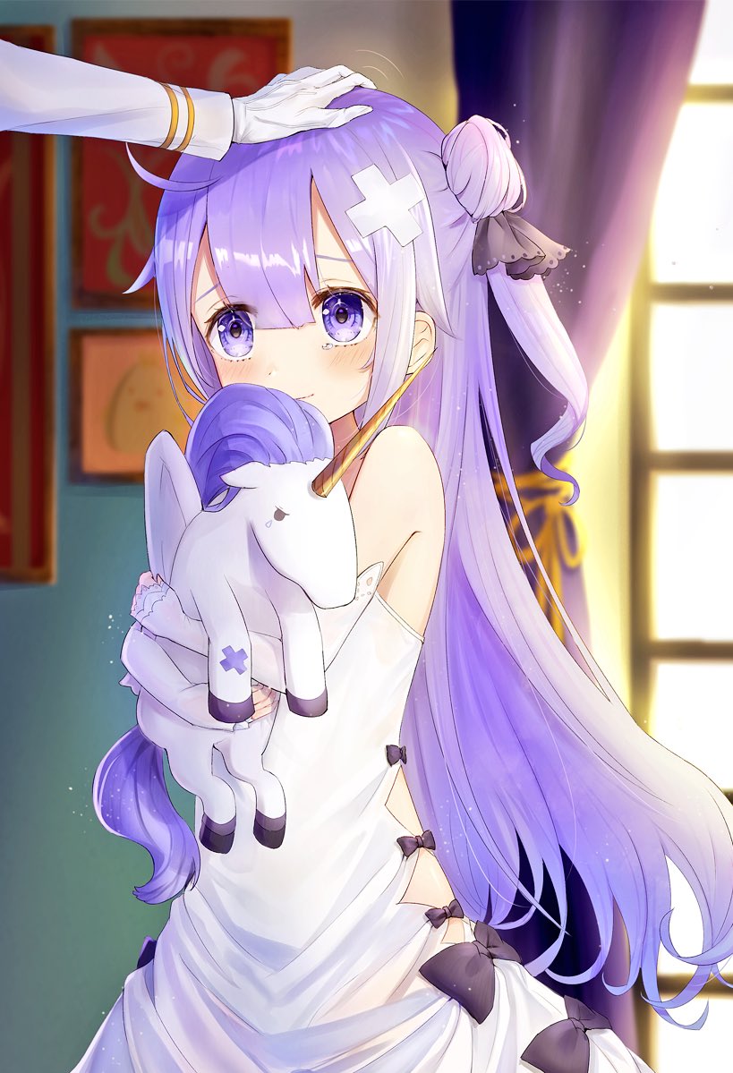 1girl admiral_(azur_lane) azur_lane bare_shoulders blush bow commentary detached_sleeves dress eyes_visible_through_hair gloves hair_between_eyes hair_bun hand_on_another's_head lavender_hair long_hair object_hug omelet_tomato one_side_up petting solo_focus stuffed_animal stuffed_toy stuffed_unicorn tears unicorn_(azur_lane) violet_eyes white_dress white_gloves