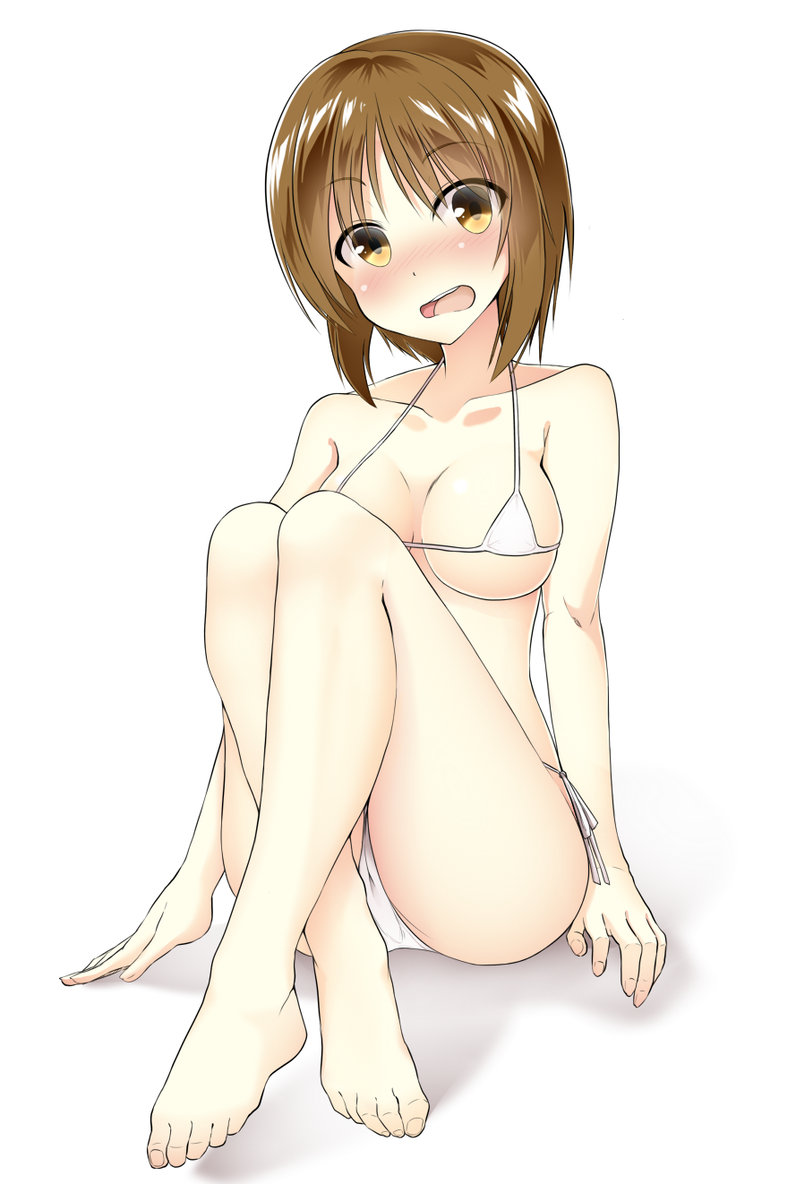 1girl arm_support bangs barefoot bikini blush breasts brown_eyes brown_hair commentary_request eyebrows_visible_through_hair girls_und_panzer highres hinata_kokage invisible_chair looking_at_viewer medium_breasts micro_bikini nishizumi_miho open_mouth short_hair side-tie_bikini simple_background sitting solo swimsuit wavy_mouth white_background white_bikini