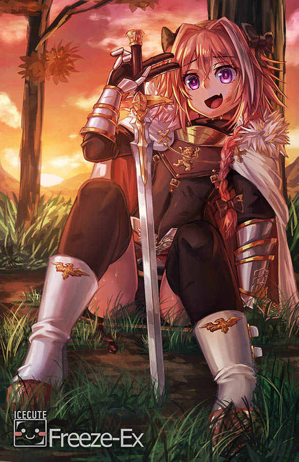 1boy against_tree armor astolfo_(fate) black_bow black_legwear boots bow braid commentary fang fate/apocrypha fate/grand_order fate_(series) freeze-ex gauntlets hair_between_eyes hair_bow hair_intakes hair_over_shoulder long_braid long_hair male_focus outdoors pink_hair planted_sword planted_weapon single_braid sitting solo sunset sweat sword thigh-highs trap tree upskirt v_over_eye violet_eyes weapon