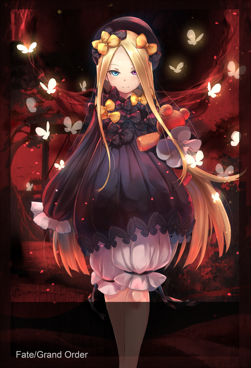 1girl abigail_williams_(fate/grand_order) animal bangs black_bow black_dress black_hat blonde_hair bloomers blue_eyes blush bow butterfly closed_mouth commentary_request copyright_name dress fate/grand_order fate_(series) hair_bow hands_in_sleeves hat heterochromia highres holding holding_stuffed_animal long_hair long_sleeves looking_at_viewer noose orange_bow parted_bangs pink_eyes polka_dot polka_dot_bow red_background renka_(renkas) rope smile solo stuffed_animal stuffed_toy teddy_bear tree underwear v-shaped_eyebrows very_long_hair walking white_bloomers