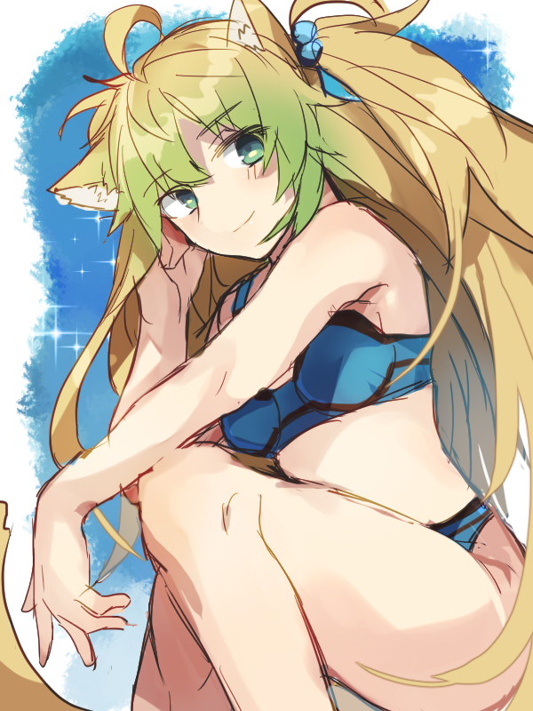 1girl ahoge animal_ears archer_of_red bikini blonde_hair blue_bikini blush breasts dutch_angle fate/apocrypha fate/grand_order fate_(series) green_eyes green_hair kneeling light_smile long_hair looking_at_viewer multicolored_hair nikame sketch smile solo swimsuit