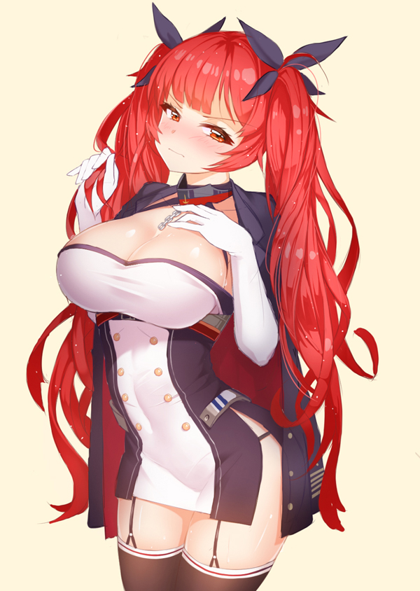 1girl azur_lane black_legwear blush breasts chains cleavage collarbone elbow_gloves garter_straps gloves hair_ribbon hair_twirling honolulu_(azur_lane) jacket_on_shoulders large_breasts long_hair looking_at_viewer ratio_(ratio-d) red_eyes redhead ribbon solo thigh-highs twintails white_gloves