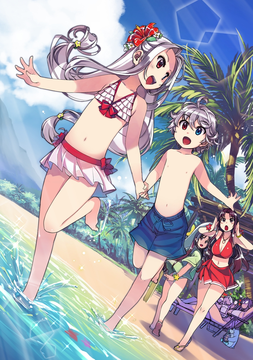 2boys 4girls beach bikini blue_eyes blue_sky breasts child cleavage commentary_request day dutch_angle flat_chest flower hair_flower hair_ornament hand_holding heterochromia hibiscus large_breasts long_hair low-tied_long_hair low_twintails miniskirt multiple_boys multiple_girls navel nemma niren ocean open_mouth panno pope's_brother_(ragnarok_online) pope_(ragnarok_online) ragnarok_online red_eyes sarong shorts siblings silver_hair skirt sky smile swimsuit twins twintails xration zhed