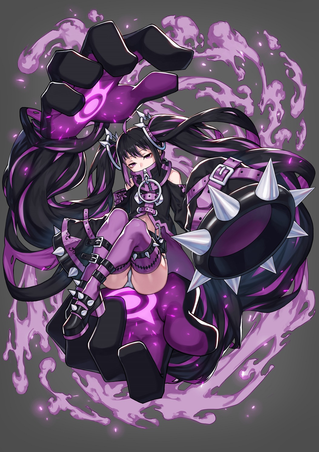 1girl absurdly_long_hair bags_under_eyes bare_shoulders belt black_hair covered_mouth doku-chan_(dokkudokudoku) extra_arms fantasy giant_hand grey_background half-closed_eyes highres jitome long_hair looking_at_viewer midriff multicolored_hair original purple purple_hair simple_background sleeves_past_wrists smoke solo spikes thigh-highs twintails two-tone_hair very_long_hair wide_sleeves zipper