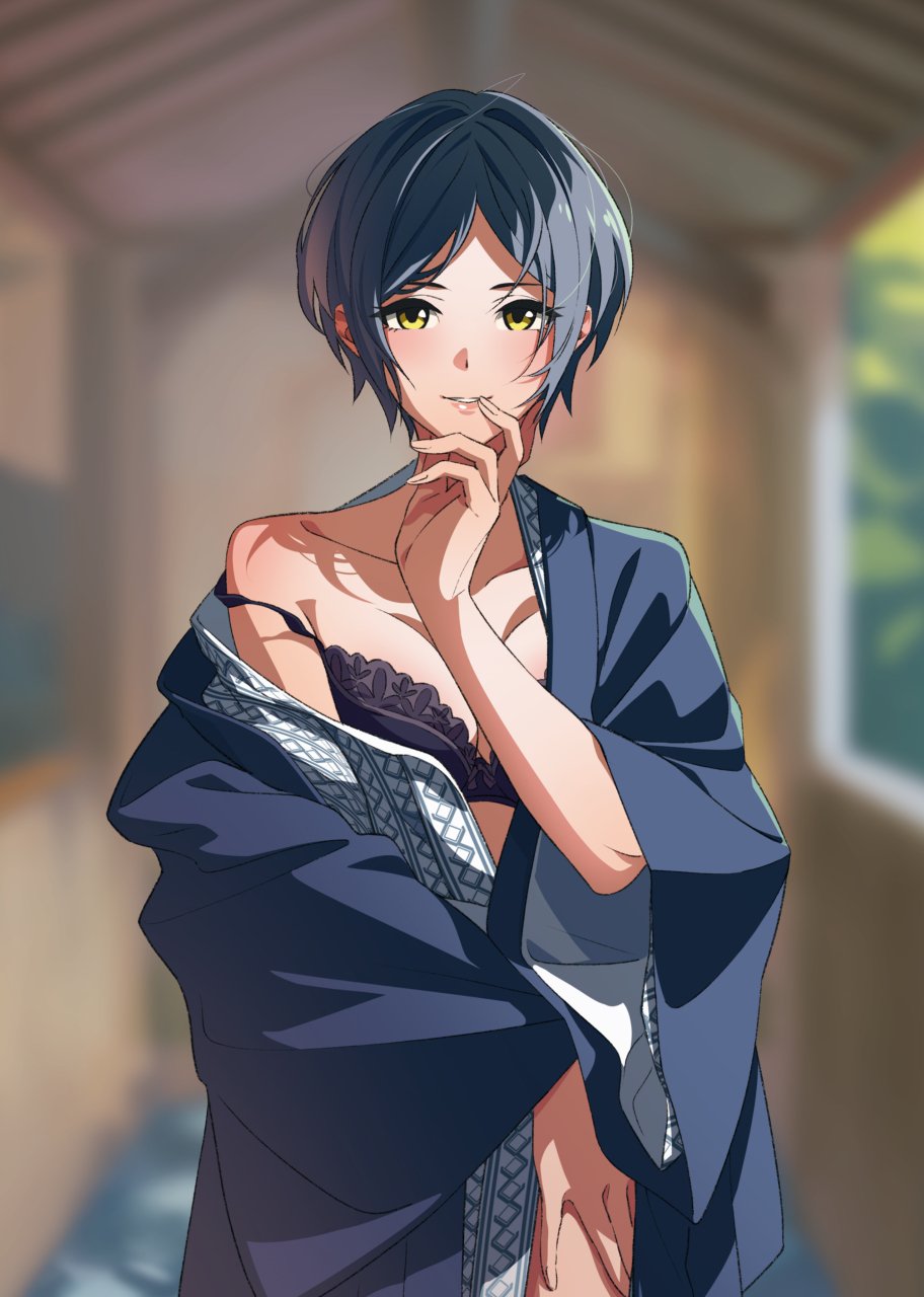 1girl blue_hair blue_kimono blurry blurry_background blush bra cowboy_shot day depth_of_field fingernails fukushi_ryouhei hand_on_own_leg hand_to_own_mouth hayami_kanade highres idolmaster idolmaster_cinderella_girls idolmaster_cinderella_girls_starlight_stage japanese_clothes kimono long_sleeves looking_at_viewer off_shoulder original parted_lips purple_bra seductive_smile short_hair smile solo standing underwear upper_body yellow_eyes