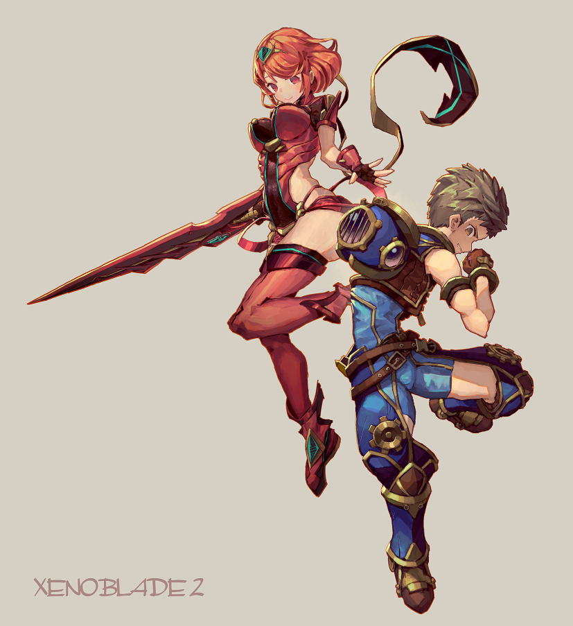 1boy 1girl bodysuit breasts brown_eyes brown_hair crotchless_pants fingerless_gloves gloves hair_ornament pyra_(xenoblade) medium_breasts orange_hair red_eyes rex_(xenoblade_2) shiimo short_hair simple_background smile sword weapon xenoblade xenoblade_2