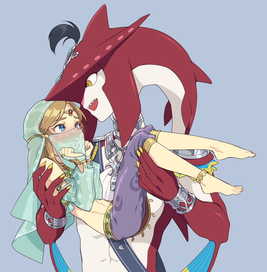 2boys barefoot blue_eyes blush brown_eyes brown_hair carrying crossdressinging gerudo_link head_fins link meimone monster_boy multiple_boys pointy_ears princess_carry sharp_teeth sidon teeth the_legend_of_zelda the_legend_of_zelda:_breath_of_the_wild trap veil zora