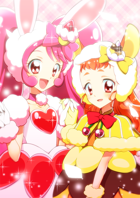 2girls a_la_mode_style_(precure) animal_ears arisugawa_himari bow cake_hair_ornament choker cure_custard cure_whip dress food_themed_hair_ornament gloves hair_bow hair_ornament hand_holding heart kirakira_precure_a_la_mode long_hair looking_at_viewer magical_girl multiple_girls pink_background pink_bow pink_hair precure rabbit_ears red_bow red_eyes shawl smile sparkle squirrel_ears twintails upper_body usami_ichika white_gloves yellow_bow yellow_gloves yuto_(dialique)