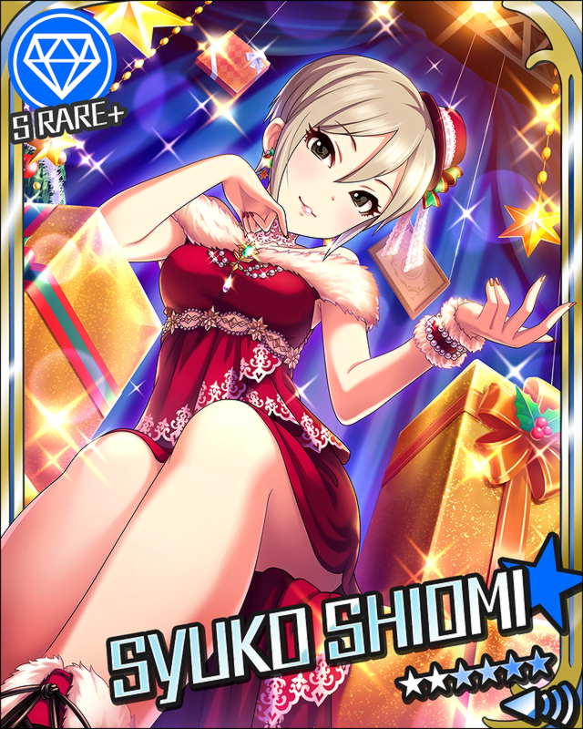 1girl alternate_costume artist_request black_eyes blonde_hair box card_(medium) character_name christmas_tree diamond_(symbol) earrings frame gift gift_box hat idolmaster idolmaster_cinderella_girls jewelry mini_hat mini_top_hat nail_polish official_art shiomi_shuuko short_hair solo sparkle star top_hat