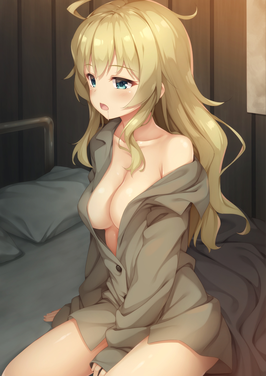 1girl ahoge arm_at_side bangs bare_shoulders bed between_legs blanket blonde_hair blue_eyes blush breasts brown_shirt buttons cleavage collarbone collared_shirt drooling eyebrows_visible_through_hair half-closed_eyes hand_between_legs highres indoors long_hair long_sleeves medium_breasts naked_shirt no_bra off_shoulder on_bed open_mouth pillow saliva shiny shiny_hair shirt shoujo_shuumatsu_ryokou sitting sleepy sleeves_past_wrists solo tareme thighs tomifumi waking_up wavy_hair wing_collar yuuri_(shoujo_shuumatsu_ryokou)