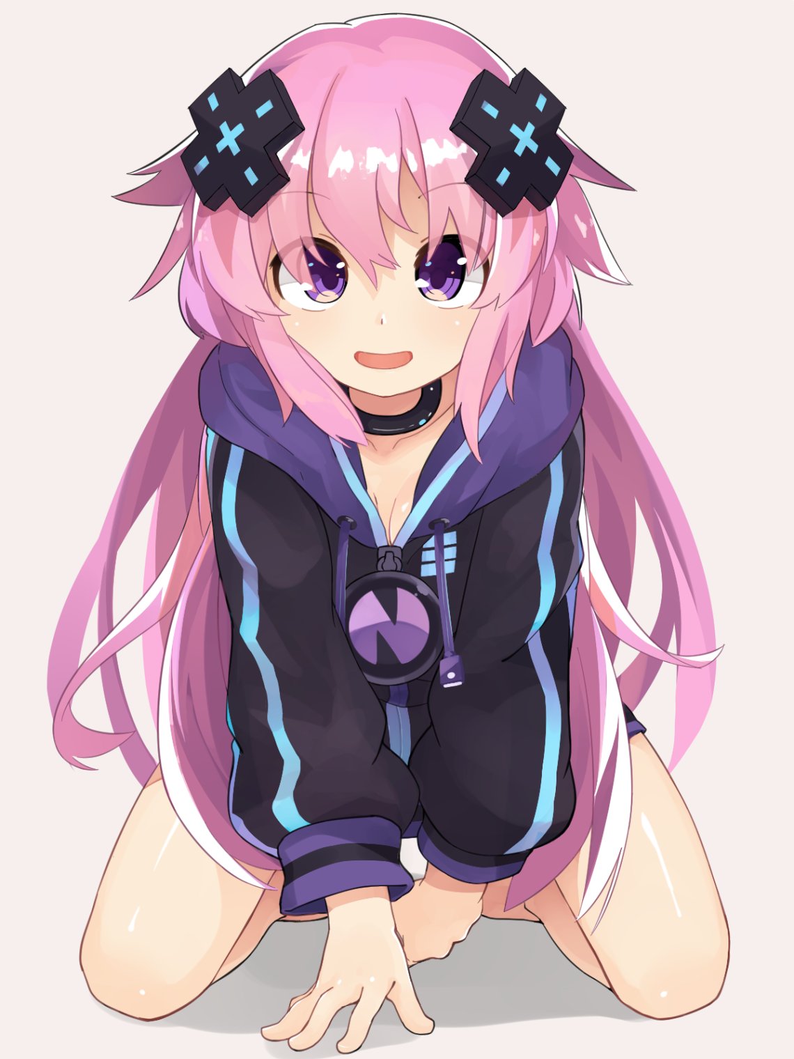 1girl adult_neptune amakoke choker d-pad d-pad_hair_ornament hair_ornament highres jacket kneeling long_hair looking_at_viewer neptune_(series) open_mouth pink_hair shin_jigen_game_neptune_vii smile solo violet_eyes