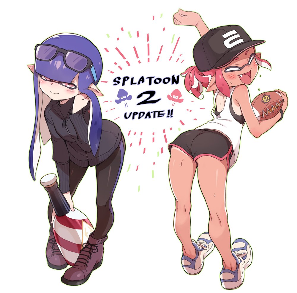 2girls ass blush closed_eyes full_body hat inkling long_hair looking_at_viewer multiple_girls open_mouth purple_hair shorts smile splatoon splatoon_2 tanline toku_(ke7416613)