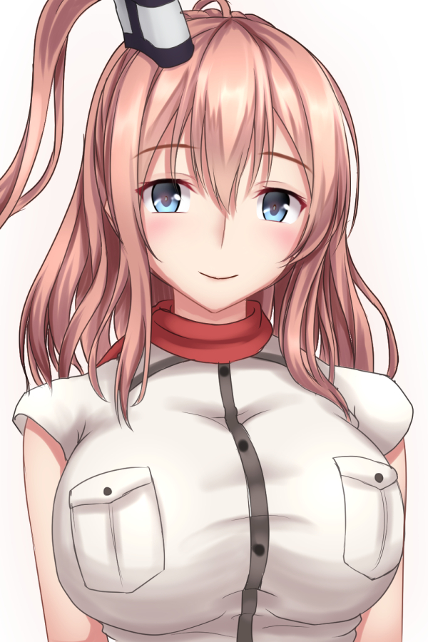 1girl blue_eyes breast_pocket breasts brown_hair dress hair_between_eyes kantai_collection large_breasts pocket ponytail red_legwear red_neckwear saratoga_(kantai_collection) side_ponytail sidelocks simple_background smile smokestack solo tapisuke upper_body white_background white_dress