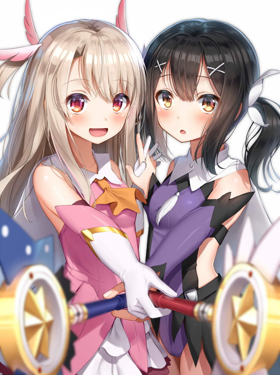 2girls :d :o ascot asymmetrical_bangs bangs bare_shoulders black_hair blonde_hair blurry blush breasts cape cowboy_shot depth_of_field dress elbow_gloves eyebrows_visible_through_hair fate/kaleid_liner_prisma_illya fate_(series) feathers foreshortening gloves hair_between_eyes hair_feathers hair_ornament hairclip hand_holding highres holding holding_wand illyasviel_von_einzbern interlocked_fingers leotard long_hair looking_at_viewer low_twintails miyu_edelfelt multiple_girls open_mouth orange_neckwear pink_dress purple_gloves purple_leotard red_eyes shiny shiny_hair sidelocks simple_background sleeveless sleeveless_dress small_breasts smile standing star superpig tareme twintails two_side_up wand white_background white_cape white_gloves x_hair_ornament yellow_eyes