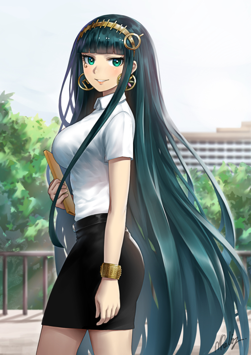 1girl :d alternate_costume arm_at_side bangs belt black_skirt blunt_bangs blurry blurry_background blush bracelet breasts cleopatra_(fate/grand_order) collared_shirt cowboy_shot depth_of_field earrings facial_tattoo fate/grand_order fate_(series) from_side green_eyes green_hair grin hairband highres holding hoop_earrings jewelry lips long_hair looking_at_viewer looking_to_the_side medium_breasts natsuyu office_lady open_mouth pencil_skirt railing shirt signature skirt smile solo tattoo teeth town tsurime very_long_hair walking white_shirt wing_collar