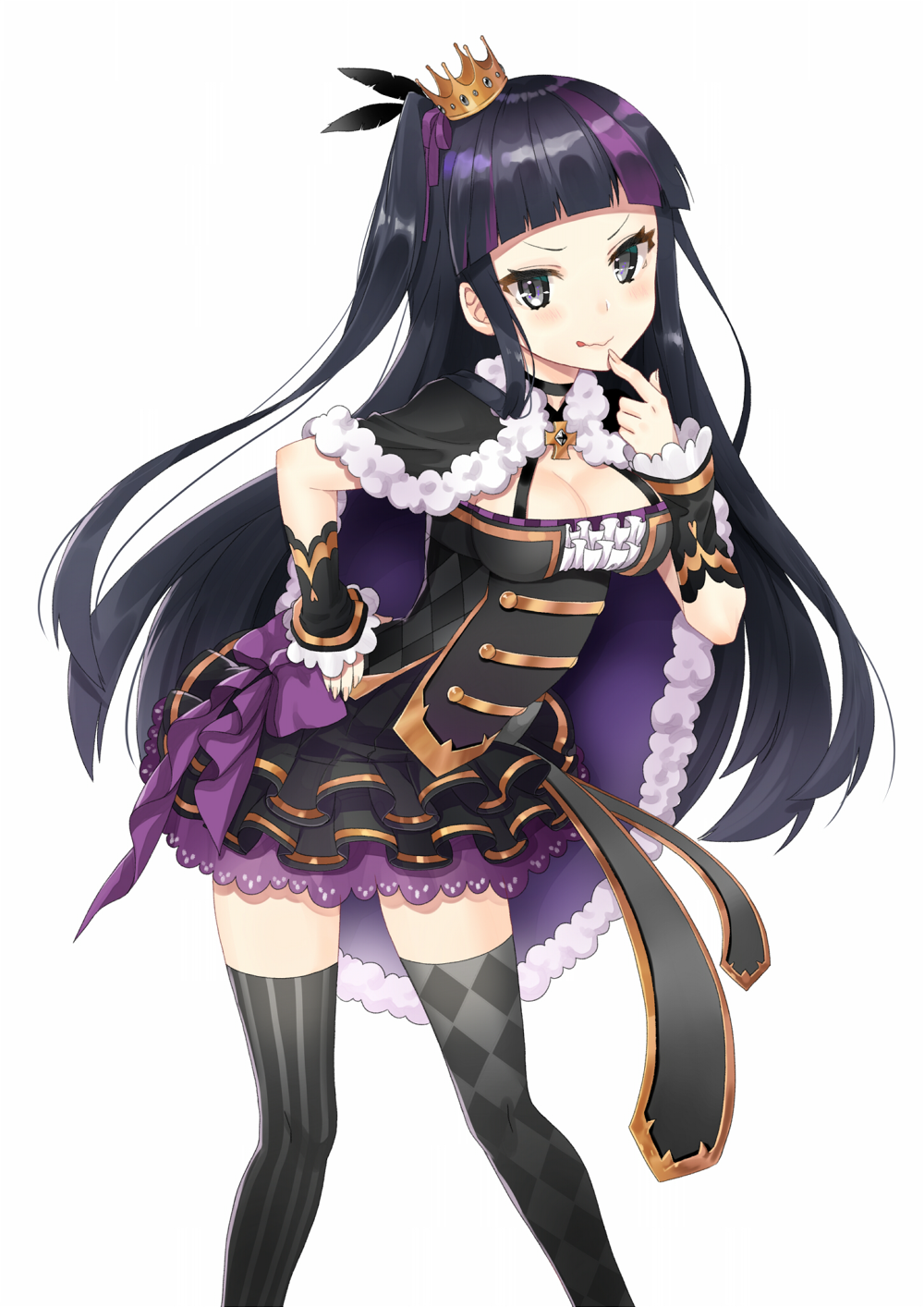 &gt;:q 1girl :q argyle argyle_legwear bangs black_choker black_eyes black_hair black_legwear blunt_bangs bow breasts bustier cape choker cleavage crown detached_sleeves finger_to_mouth frilled_skirt frills fur_trim hand_on_hip highres layered_skirt leaning_forward long_hair looking_at_viewer medium_breasts mini_crown mismatched_legwear multicolored_hair one_side_up original purple_bow purple_hair ryun025 skirt smile solo streaked_hair striped striped_legwear thigh-highs tongue tongue_out vertical-striped_legwear vertical_stripes very_long_hair wavy_mouth zettai_ryouiki