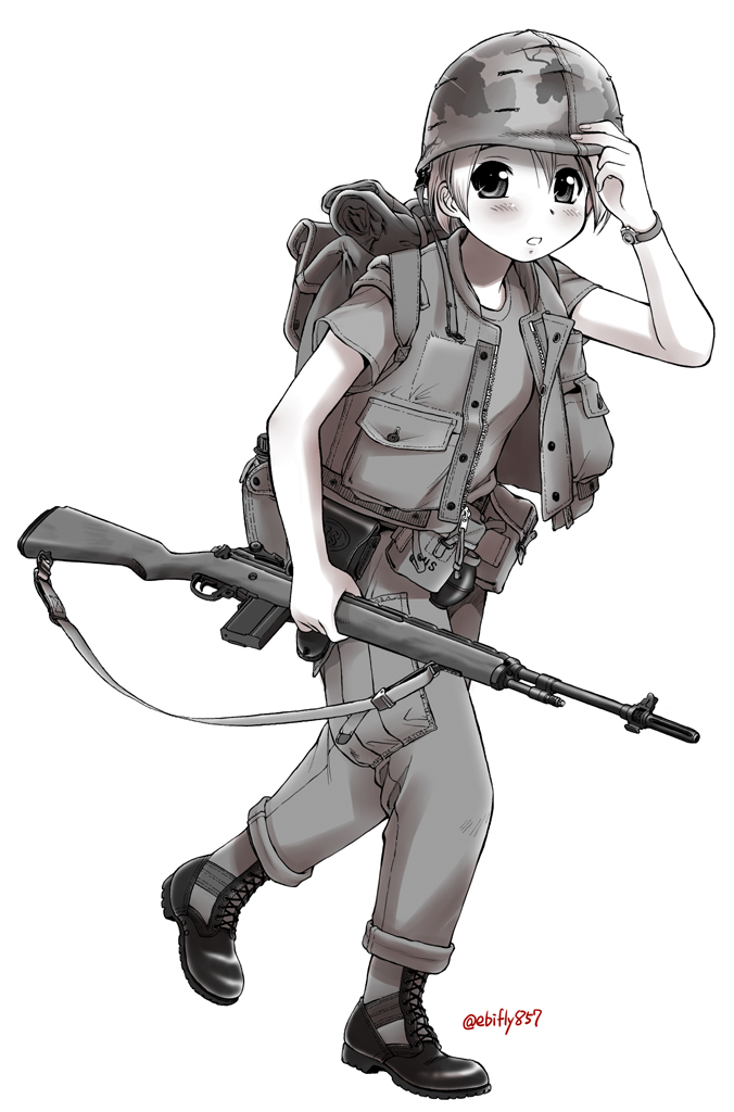 1girl backpack bag belt blush boots ebifly explosive full_body grenade gun hair_between_eyes hand_on_headwear helmet holding holding_gun holding_weapon original pants parted_lips pouch rifle shirt short_hair simple_background soldier solo standing standing_on_one_leg twitter_username vest walking watch watch weapon white_background