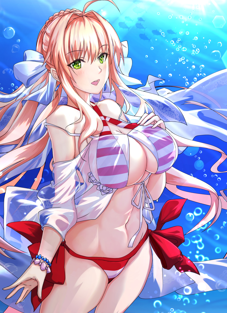 1girl ahoge antiqq bead_bracelet beads bikini blush bracelet breasts cowboy_shot criss-cross_halter eyebrows_visible_through_hair fate/grand_order fate_(series) green_eyes hair_intakes halter_top halterneck jewelry large_breasts long_hair looking_at_viewer navel nero_claudius_(fate)_(all) nero_claudius_(swimsuit_caster)_(fate) parted_lips side-tie_bikini sidelocks smile solo stomach striped striped_bikini swimsuit twintails underwater