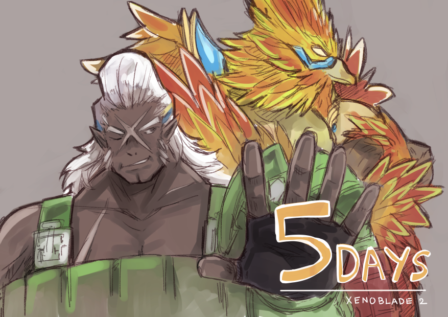 2boys bird copyright_name countdown dark_skin dark_skinned_male grey_background male_focus multiple_boys muscle number overalls pointy_ears scar shadow2810 simple_background suzaku_(xenoblade) upper_body vandham_(xenoblade) white_hair xenoblade xenoblade_2