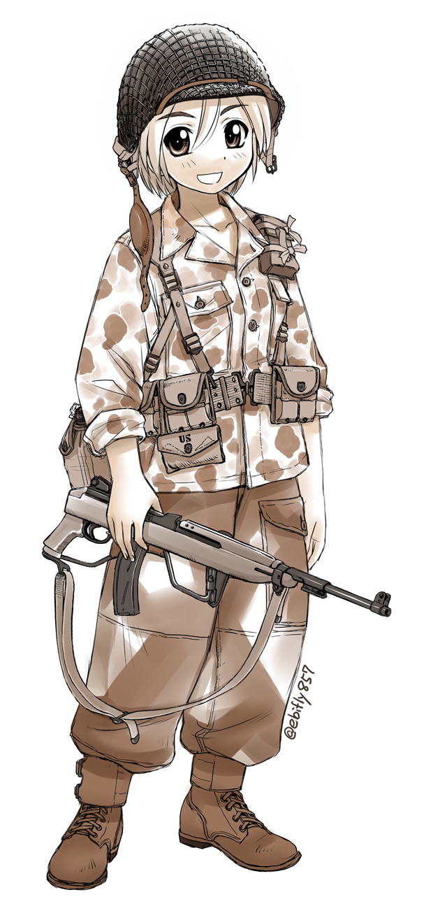 1girl :d boots camouflage ebifly full_body gun hair_between_eyes helmet highres holding holding_gun holding_weapon looking_at_viewer military monochrome open_mouth original pants pouch rifle simple_background smile solo standing stasnding twitter_username weapon white_background