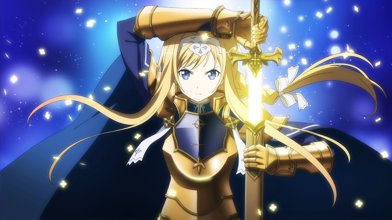 1girl alice_schuberg arm_up armor blonde_hair blue_background blue_cape blue_eyes cape floating_hair game_cg gauntlets hair_ribbon hairband holding holding_sheath holding_sword holding_weapon long_hair looking_at_viewer ribbon sheath solo sword sword_art_online unsheathing upper_body very_long_hair weapon white_hairband white_ribbon