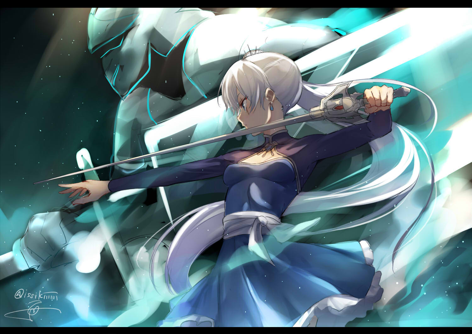 1girl artist_name blue_dress blue_eyes closed_mouth dress earrings from_side holding holding_sword holding_weapon isshiki_(ffmania7) jewelry letterboxed long_hair profile rwby side_ponytail signature silver_hair solo sword tsurime twitter_username very_long_hair weapon weiss_schnee