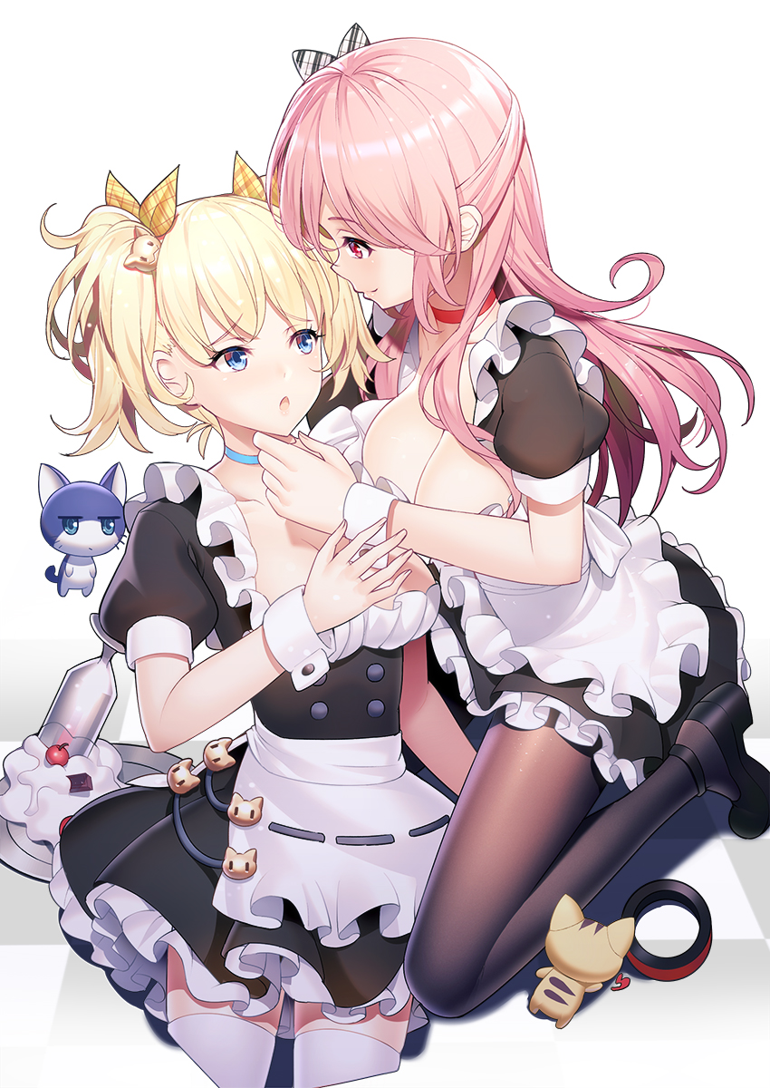 2girls :o apron bangs black_dress black_legwear blonde_hair blue_eyes blush bow breasts cat checkered checkered_floor cleavage closed_mouth cropped_legs dress emily_(ririko) eyebrows_visible_through_hair frilled_apron frills hair_bow half_updo highres jitome kneeling large_breasts long_hair looking_at_another maid medium_breasts multiple_girls open_mouth original pantyhose pink_eyes pink_hair plaid plaid_bow puffy_short_sleeves puffy_sleeves ririko_(zhuoyandesailaer) short_dress short_sleeves smile thigh-highs tray twintails waist_apron white_bow white_legwear wrist_cuffs yellow_bow