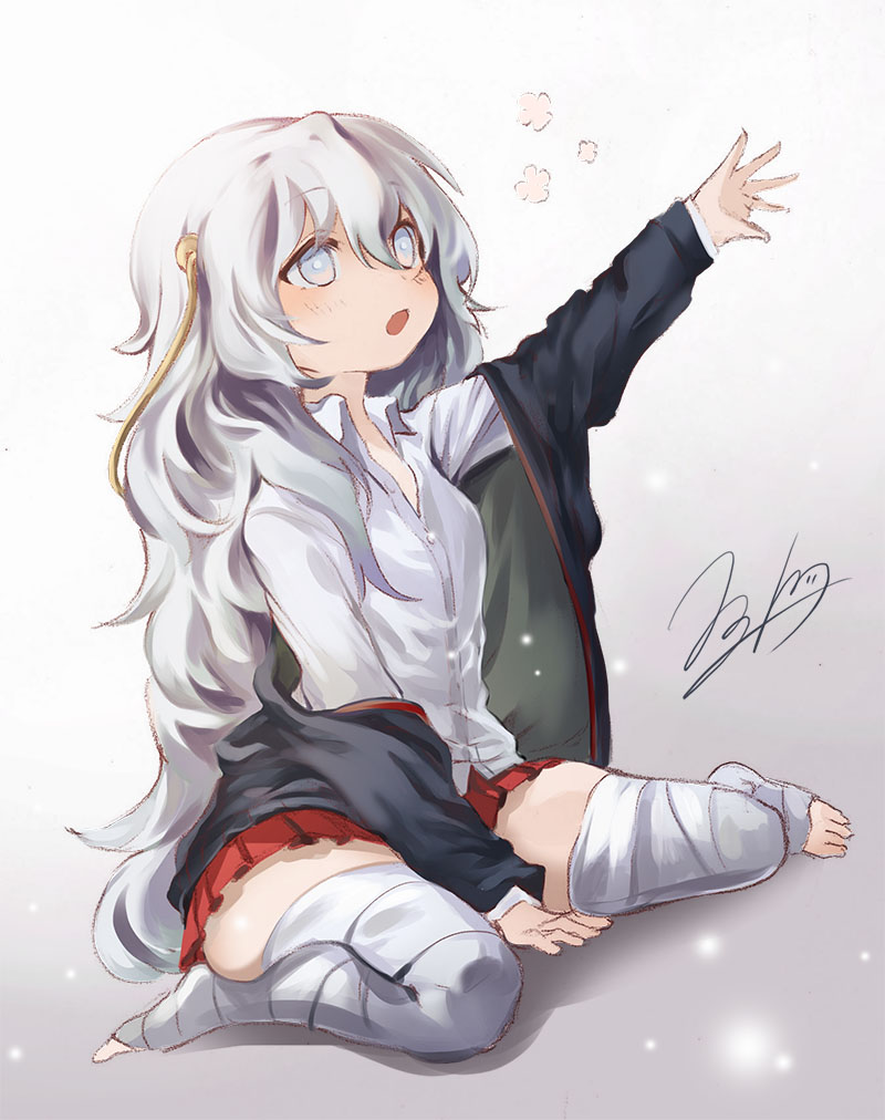 1girl arm_support bandage bandaged_leg bangs black_jacket blue_eyes blush collared_shirt commentary_request dress_shirt eyebrows_visible_through_hair full_body girls_frontline gradient gradient_background grey_background grey_hair hair_between_eyes jacket long_hair long_sleeves looking_away off_shoulder open_mouth outstretched_arm pleated_skirt red_skirt ribeyrolles_1918_(girls_frontline) shirt signature simple_background sitting skindentation skirt snowru solo thigh-highs very_long_hair wariza white_background white_shirt