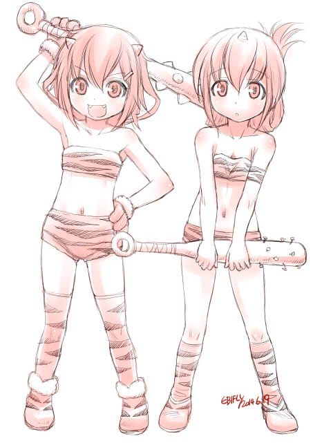 2girls :d arm_up armband bare_shoulders beltbra blush dated ebifly eyebrows_visible_through_hair fangs gloves hair_ornament hairclip holding holding_weapon horn ikazuchi_(kantai_collection) inazuma_(kantai_collection) kantai_collection kneehighs looking_at_viewer mace monochrome multiple_girls navel oni oni_horns open_mouth parted_lips red shoes short_hair short_shorts shorts signature simple_background smile socks striped striped_legwear thigh-highs tied_hair weapon white_background