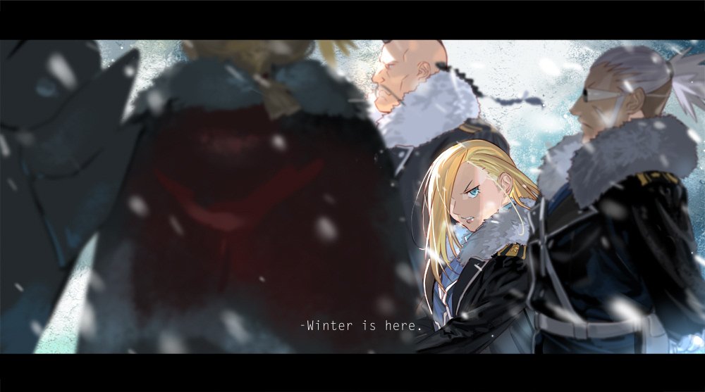 1girl 4boys alphonse_elric back_turned beard blonde_hair blue_eyes braid buccaneer_(fma) dark_skin edward_elric facial_hair frown fullmetal_alchemist hair_over_one_eye holy_pumpkin long_hair looking_at_viewer looking_away miles military military_uniform multiple_boys olivier_mira_armstrong out_of_frame serious snow uniform white_hair winter_clothes
