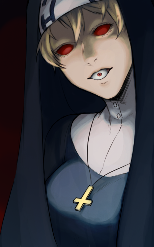 1girl blonde_hair breasts cross cross_necklace double_(skullgirls) ganno habit inverted_cross jewelry looking_at_viewer medium_breasts necklace nun red_eyes red_sclera skullgirls solo third_eye when_you_see_it