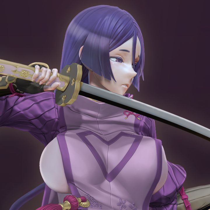 1girl 3d black_gloves bracer breasts fate/grand_order fate_(series) fingerless_gloves gloves holding holding_sword holding_weapon katana large_breasts leslyzerosix long_hair minamoto_no_raikou_(fate/grand_order) parted_lips purple_hair solo sword violet_eyes weapon