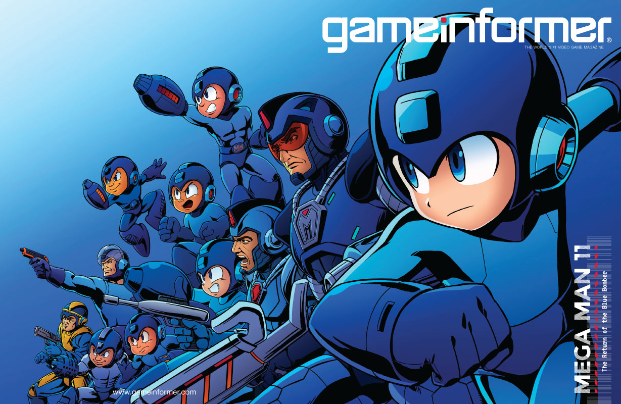 6+boys arm_cannon armor blue_background bodysuit capcom cover gun helmet magazine_cover multiple_boys multiple_persona official_art open_mouth rockman rockman_(character) rockman_(classic) smile visor weapon